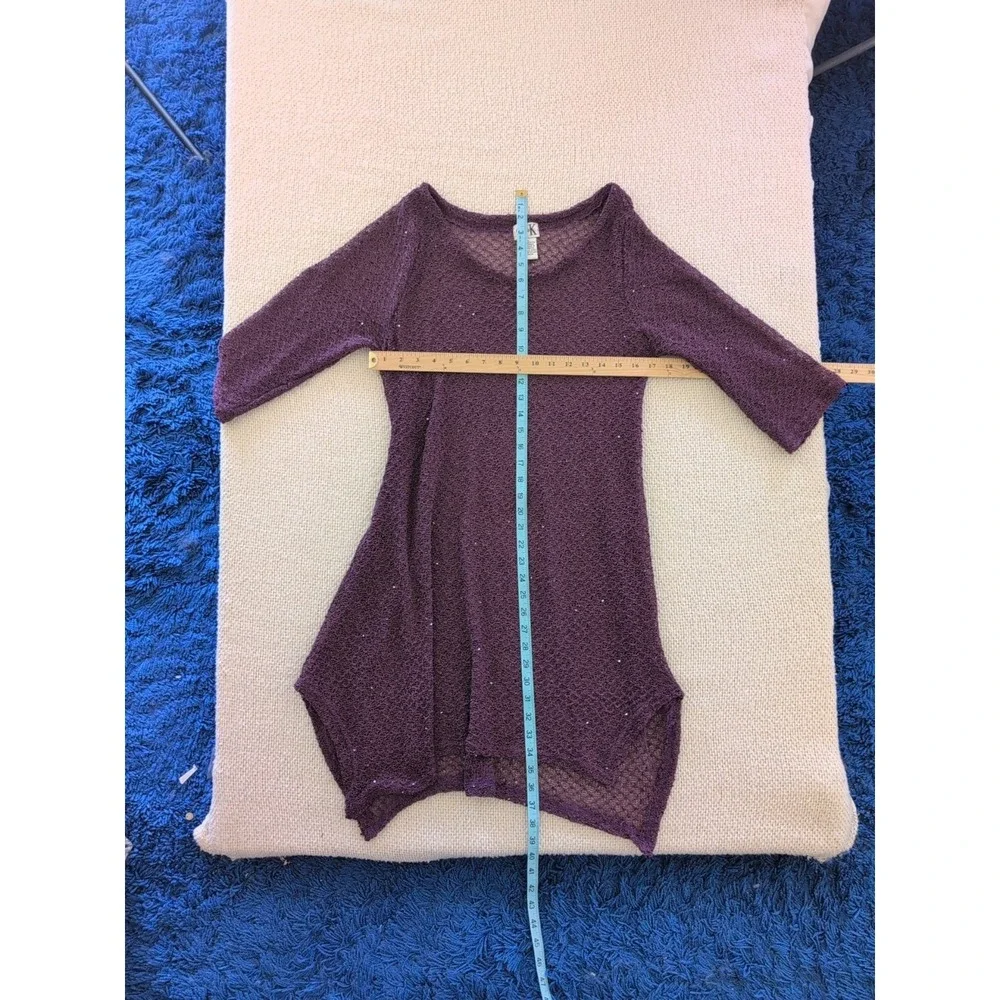 Purple Sparkly Open Knit Dress Women's Size L 3/4 Sleeve Hi-Low Sheer Stretch